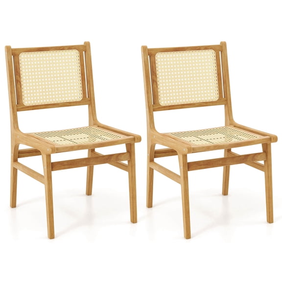 Costway 2 PCS Rattan Dining Chair with  Natural Cane Woven Backrest & Seat & Teak Wood Frame