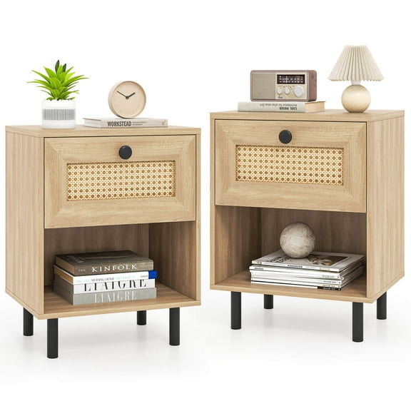 Costway 2 PCS Rattan Nightstand Boho End Table with Drawer & Open Shelf for Living Room Natural