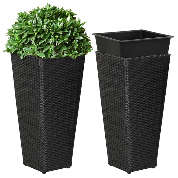 Costway 2 PCS Rattan Tall Plant Pots with Detachable Plastic Liners Pre-Marked Drainage Hole Black