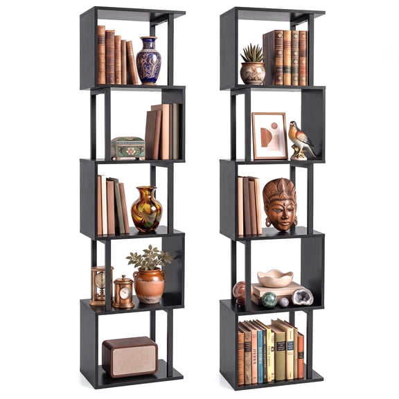Costway 2 PCS S-Shaped Bookshelf 5-Tier Geometric Bookcase Corner Display Shelf for Home Black