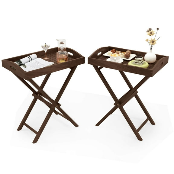 Costway 2 PCS Solid Teak Wood Tray Table 28" High Folding Table with Removable Tray Top