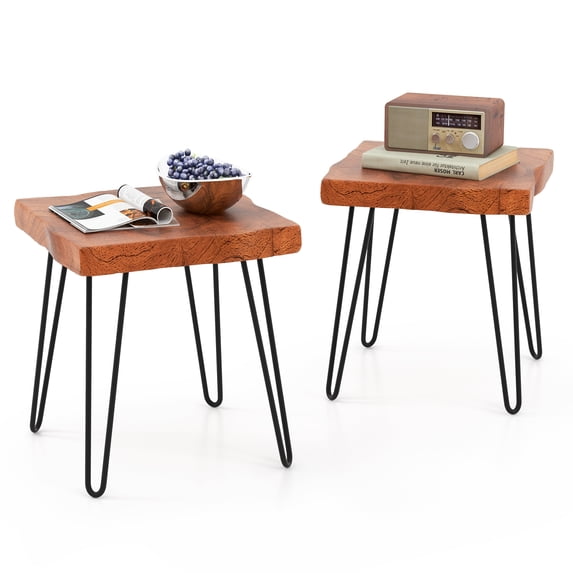 Costway 2 PCS Square End Table Accent Side Table Reclaimed Indonesia Teak Wood Plant Stand Patio