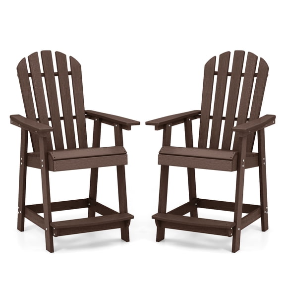 Costway 2 PCS Tall Bar Stool HDPE Patio Chair with Armrest Footrest Home Indoor Outdoor Brown