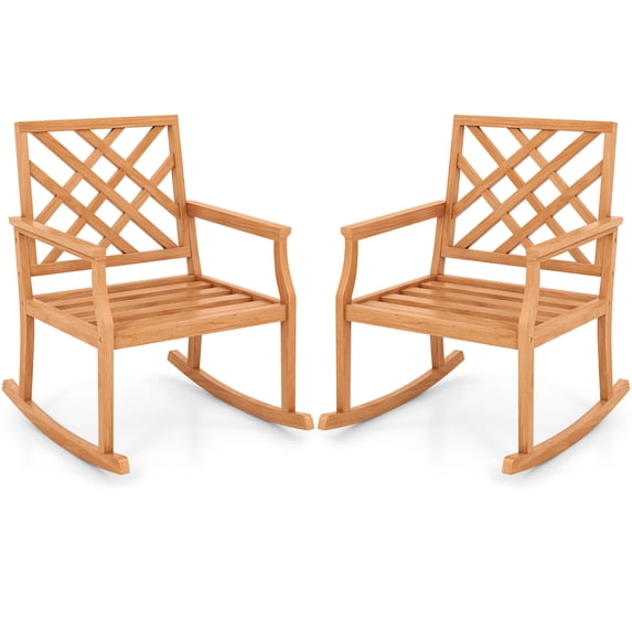 Costway 2 PCS Teak Wood Rocking Chair with Backrest and Slatted Seat Backyard and Lawn