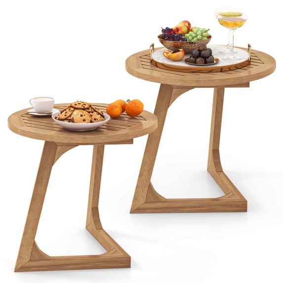 Costway 2 PCS Teak Wood Side Table Round Sofa End Table with Slatted Tabletop Nightstand
