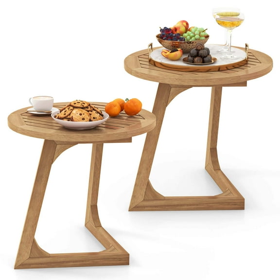 Costway 2 PCS Teak Wood Side Table Round Sofa End Table with Slatted Tabletop Nightstand