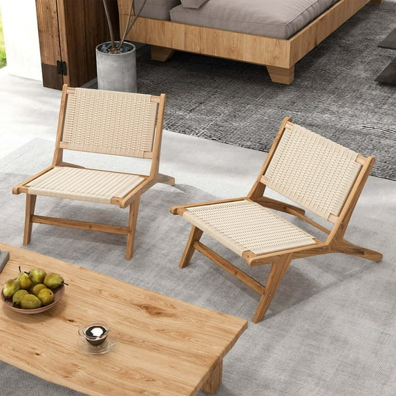 Costway 2 PCS Teak Wooden Chair with Braided Rope Seat & Backrest Mid Century Modern