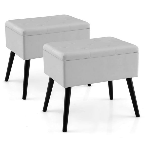Costway 2 PCS Velvet Vanity Stool Ottoman with Storage Solid Wood Legs Flip-Up Top Gray