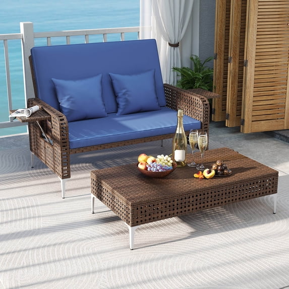 Costway 2 PCS Wicker Loveseat & Storage Ottoman with 4-Level Backrest & Soft Cushion Navy