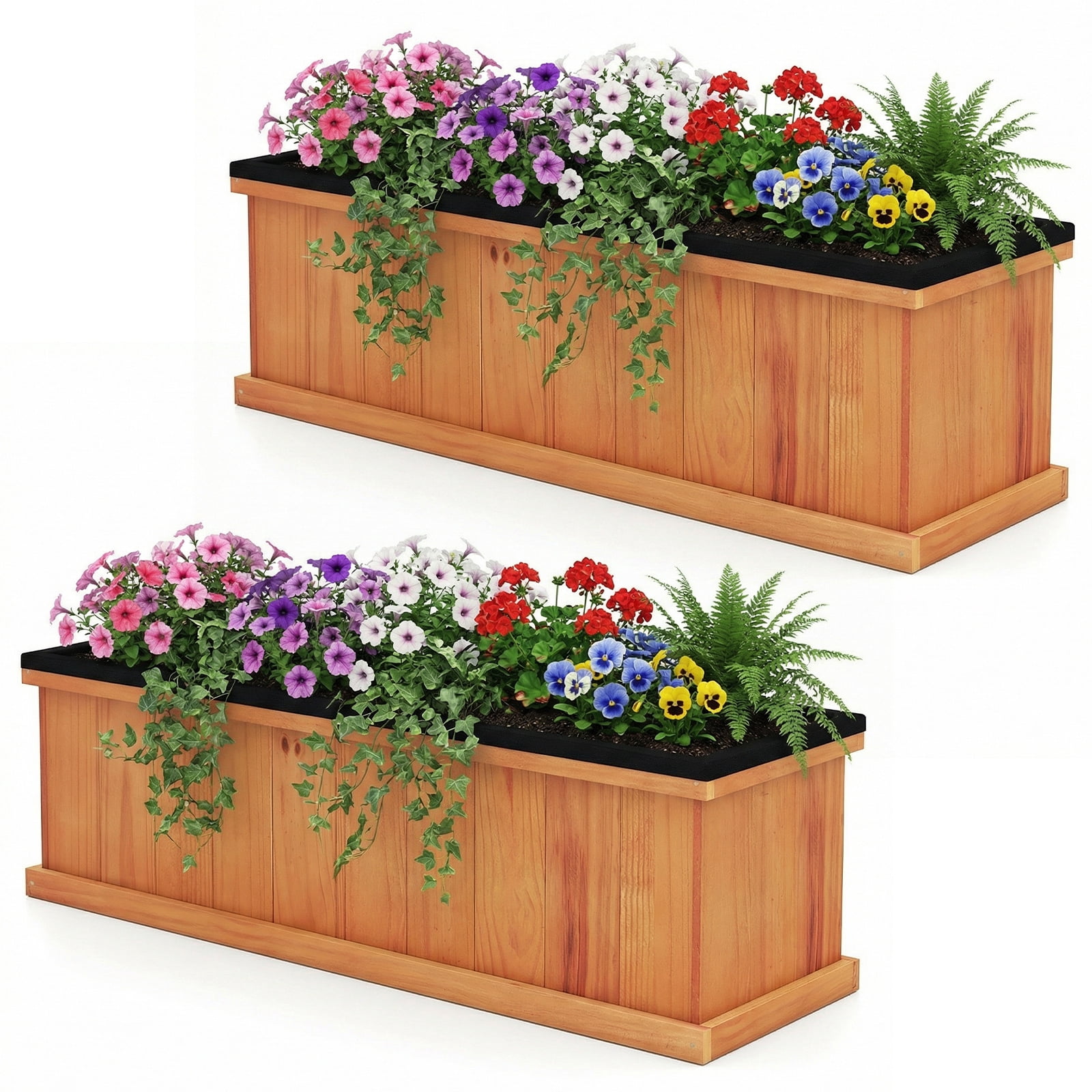 Costway 2 PCS Wood Raised Garden Bed with Drainage Holes, Liner for Flowers Vegetables Herbs