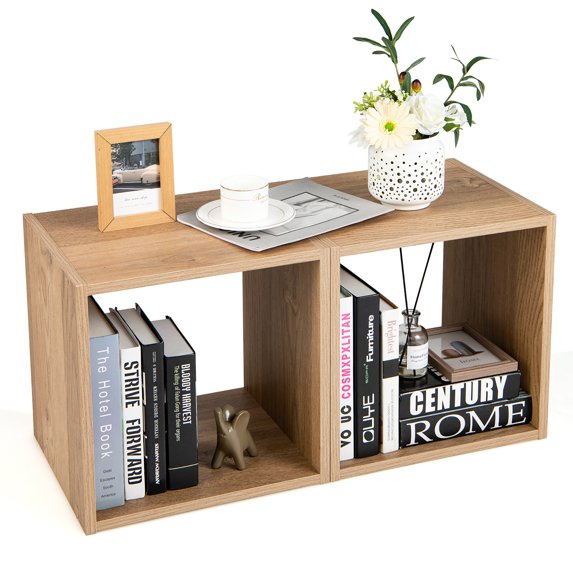 Costway 2 PCS Wood Stackable Storage Cube 2-tier Narrow Bookshelf Vinyl Record Organizer Natural