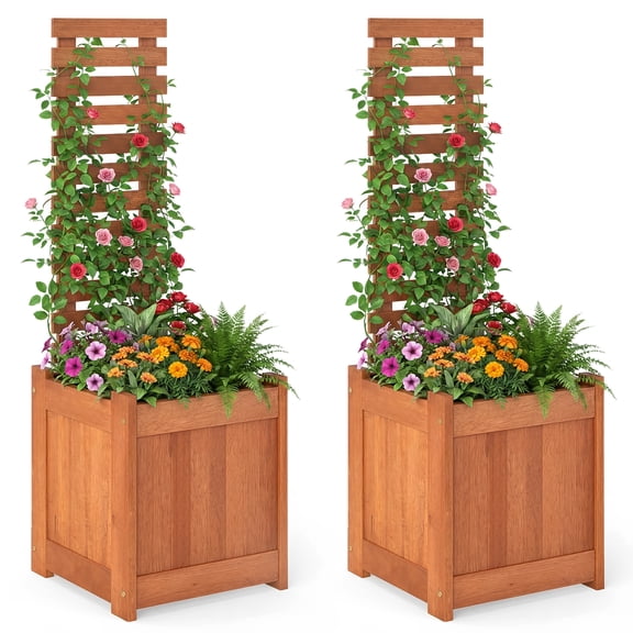 Costway 2 PCS Wooden Raised Garden Bed Elevated Yard Planter Box with Trellis Open-Ended