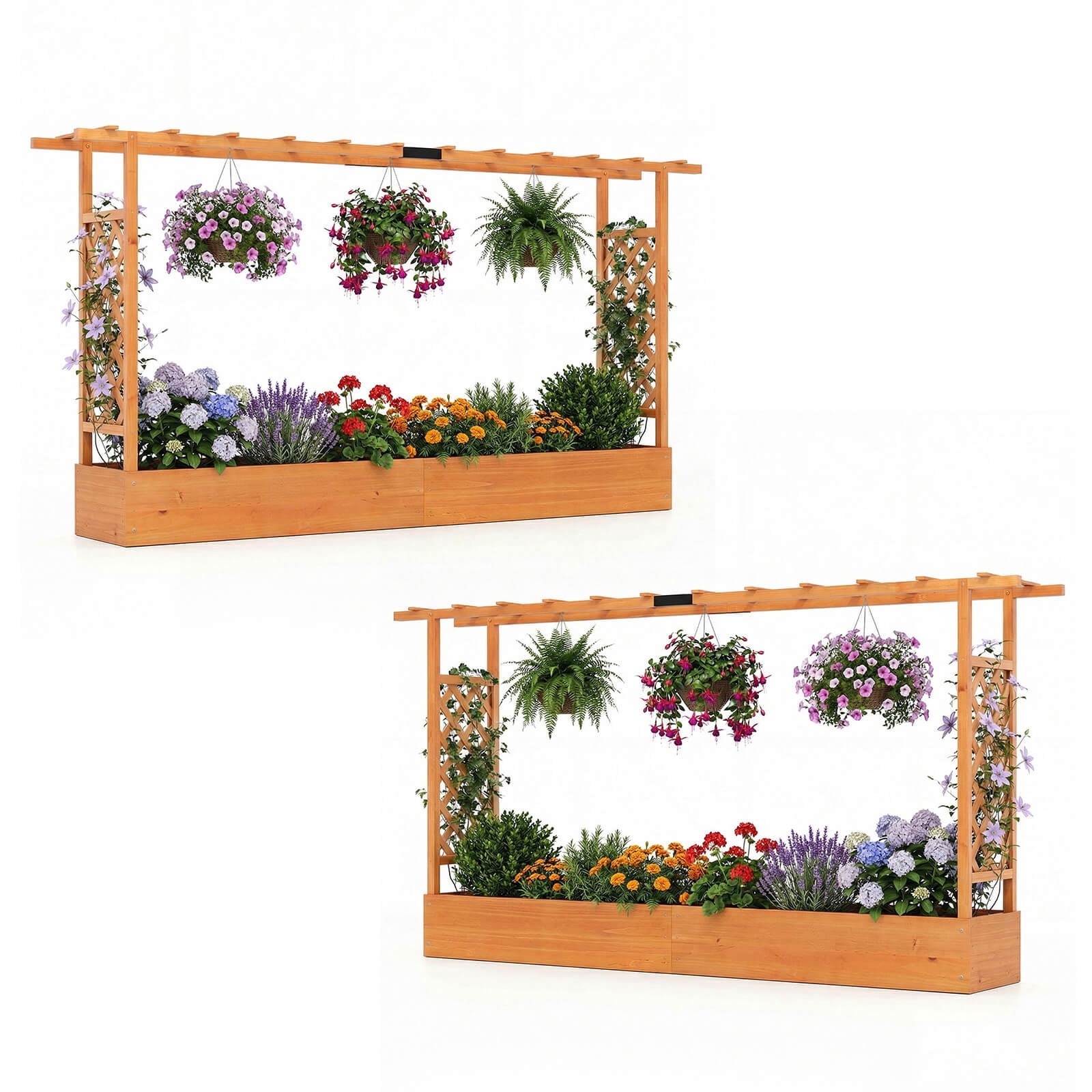 Costway 2 PCS Wooden Raised Garden Bed with Trellis Hanging Roof Drainage Holes for Flowers Orange