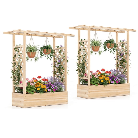 Costway 2 PCS Wooden Raised Garden Bed with Trellis, Hanging Roof, Drainage Holes for Plants Natural