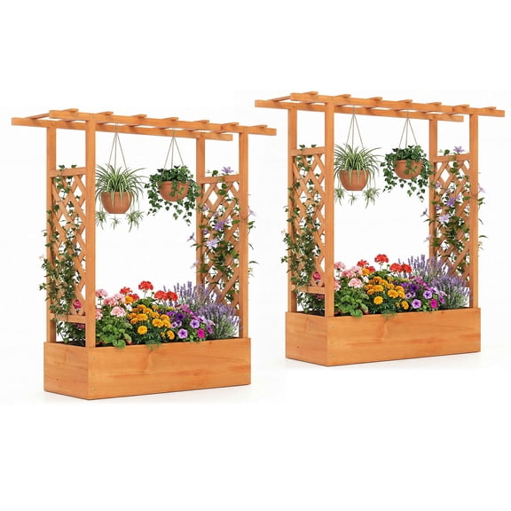 Costway 2 PCS Wooden Raised Garden Bed with Trellis, Hanging Roof, Drainage Holes for Plants Orange