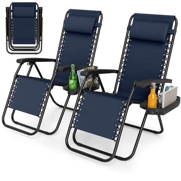 Costway 2 PCS Zero Gravity Chair,Portable Patio Recliner with Adjustable Backrest & Pillow Navy