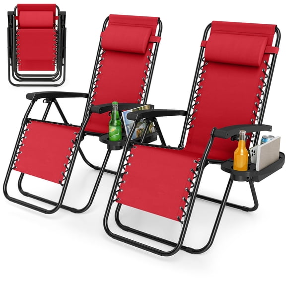 Costway 2 PCS Zero Gravity Chair,Portable Patio Recliner with Adjustable Backrest & Pillow Red