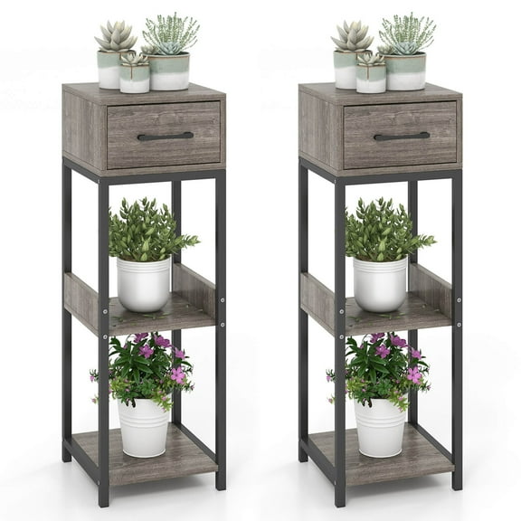 Costway 2 Pack 3 Tier Indoor Tall Plant Stand with Drawer Anti-tipping Devices Display Shelf