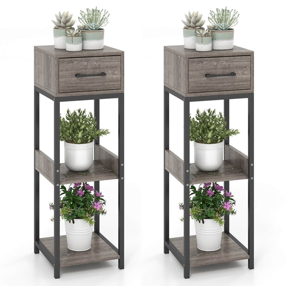 Costway 2 Pack 3 Tier Indoor Tall Plant Stand with Drawer Anti-tipping Devices Display Shelf