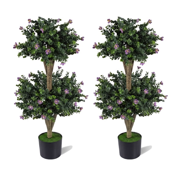 Costway 3 FT Artificial Double Ball Boxwood Topiary Tree Set of 2 Faux Bush Plant with 41 Blossoms Purple
