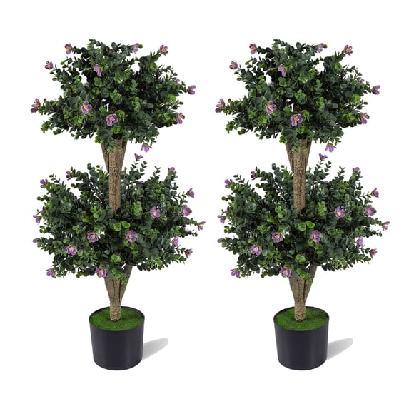 Costway 3 FT Artificial Double Ball Boxwood Topiary Tree Set of 2 Faux Bush Plant with 41 Blossoms Purple