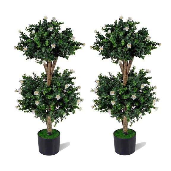 Costway 3 FT Artificial Double Ball Boxwood Topiary Tree Set of 2 Faux Bush Plant with 41 Blossoms White