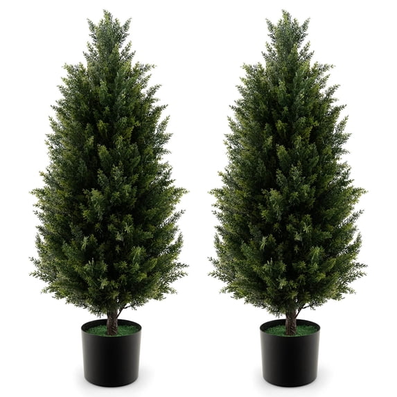 Costway 2 Pack 37.5" Artificial Topiary Cedar Tree with Cement Plastic Pot & Realistic Moss