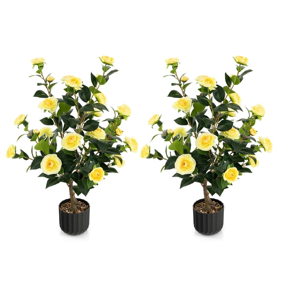 Costway 2-Pack 38" Artificial Camellia Tree Faux Floral Plant for Decoration Yellow