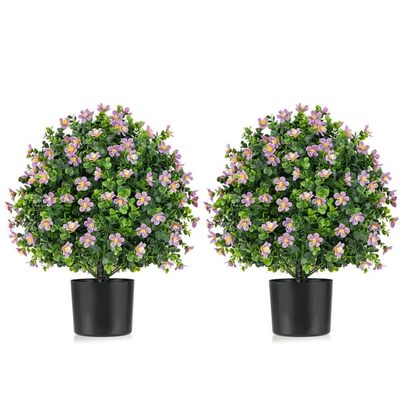 Costway 2 Pack Artificial Boxwood Topiary Ball Tree Faux Shrub Bushes with Flowers Purple