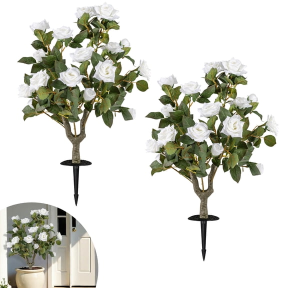 Costway 2 Pack Artificial Rose Flower Trees,31.5" with Spikes,186 Leaves & 18 White Flowers White + Green