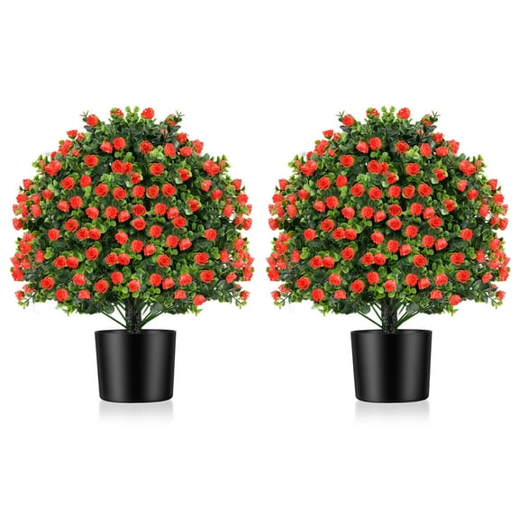Costway 2 Pack Artificial Rose Topiary Ball Tree Faux Shrub Bushes with Flowers