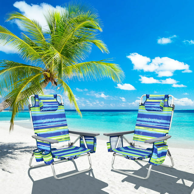Costway 2-Pack Folding Backpack Beach Chair 5-Position Outdoor Reclining Chairs w/Pillow Blue