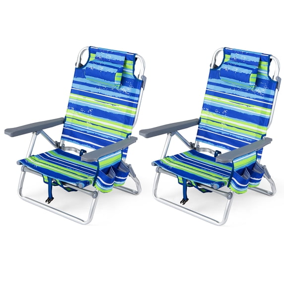 Costway 2-Pack Folding Backpack Beach Chair 5-Position Outdoor Reclining Chairs w/Pillow Blue