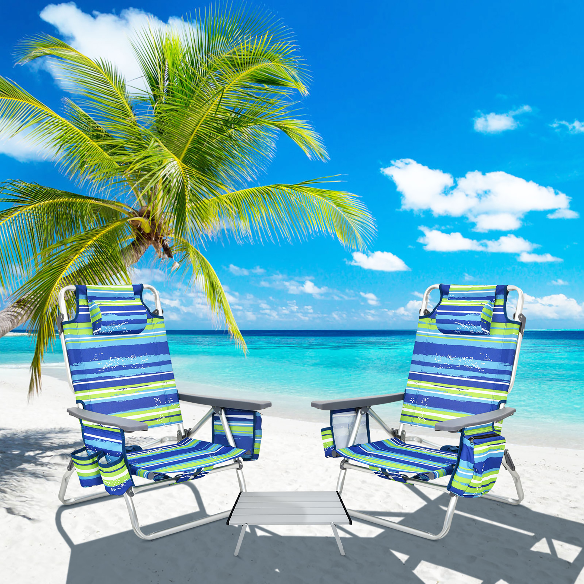 Costway 2-Pack Folding Backpack Beach Chair Table Set 5-Position Outdoor Reclining Chair Blue - image 1 of 10