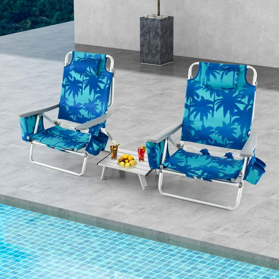Costway 2-Pack Folding Backpack Beach Chair Table Set 5-Position Outdoor Reclining Chair Navy