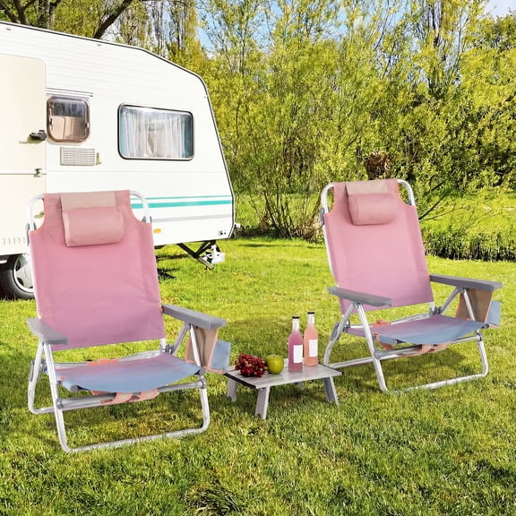 Costway 2-Pack Folding Backpack Beach Chair Table Set 5-Position Outdoor Reclining Chair Pink