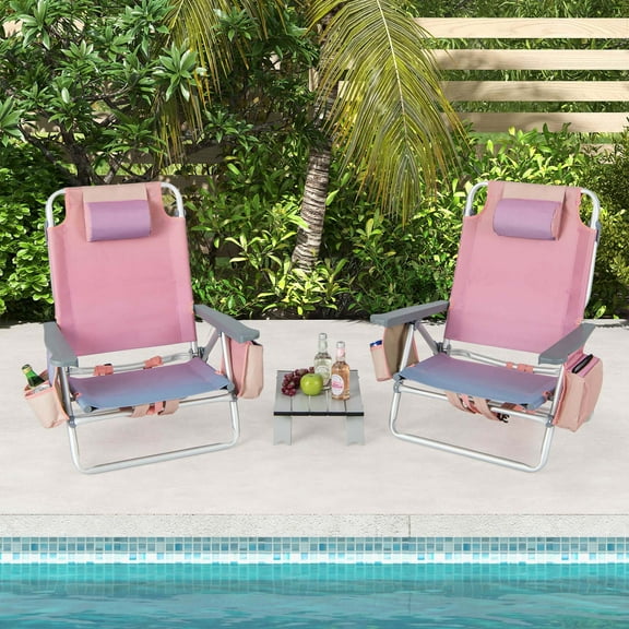 Costway 2-Pack Folding Backpack Beach Chair Table Set 5-Position Outdoor Reclining Chair Pink
