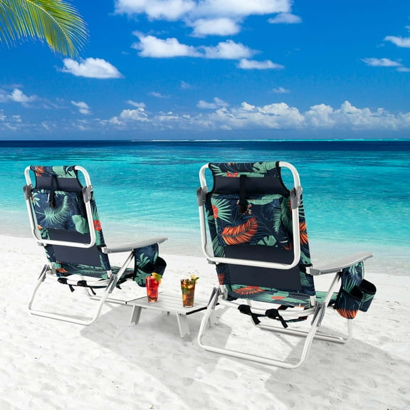Costway 2-Pack Folding Backpack Beach Chair Table Set 5-Position Outdoor Reclining Chair Printed
