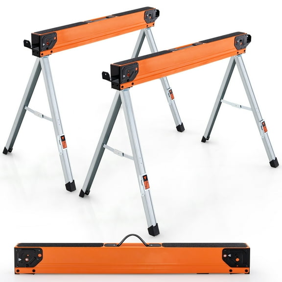 Costway 2 Pack Saw Horses, Folding Design with Non-slip Pads, Heavy Duty 1100 lbs, Metal, Orange