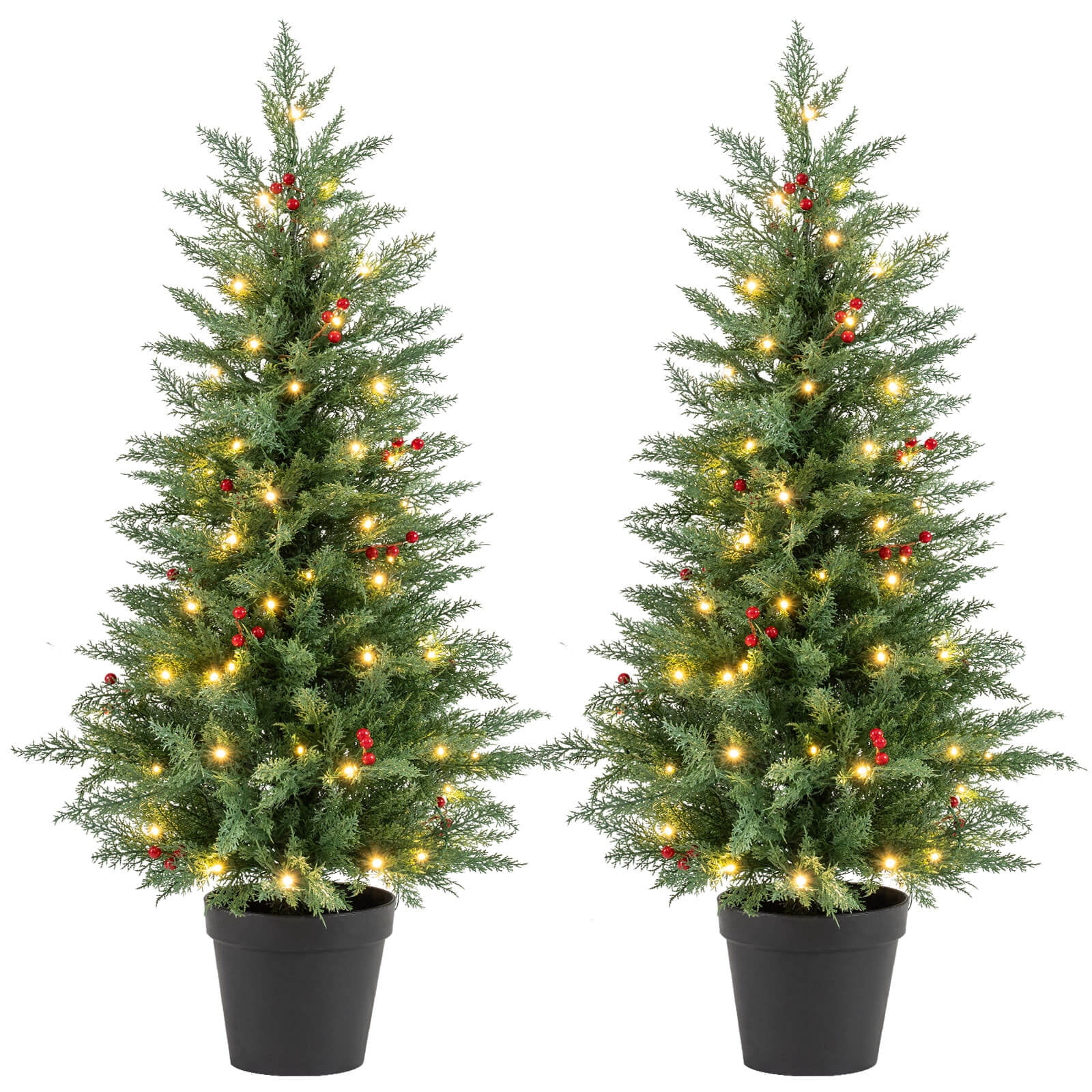 Costway 2 Packs 4 FT Pre-Lit Christmas Trees with Warm White LED Lights, Timer, Red Berries