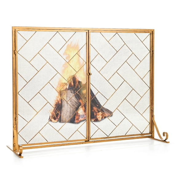 Costway 2-Panel Fireplace Screen w/ Double Door Fire Spark Guard Safety Fence Gold