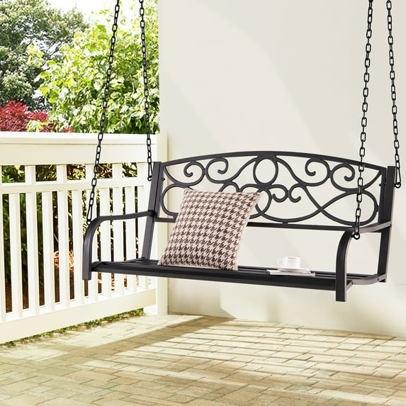 Costway 2-Person Metal Porch Swing with Table and Chairs, Brown