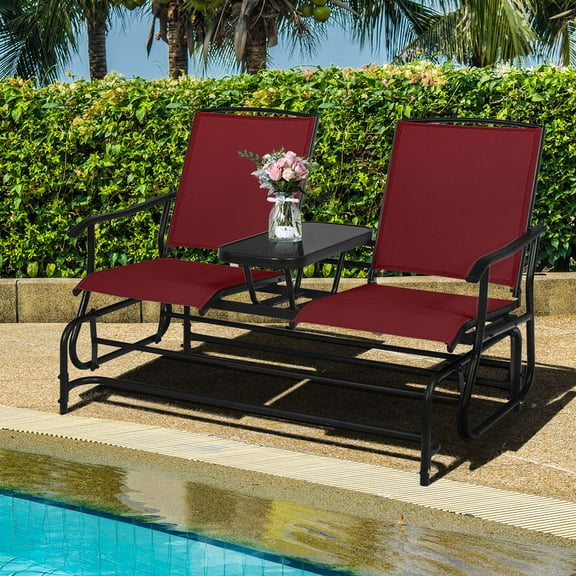 Costway 2 Person Outdoor Patio Double Glider Chair Loveseat Rocking Wine