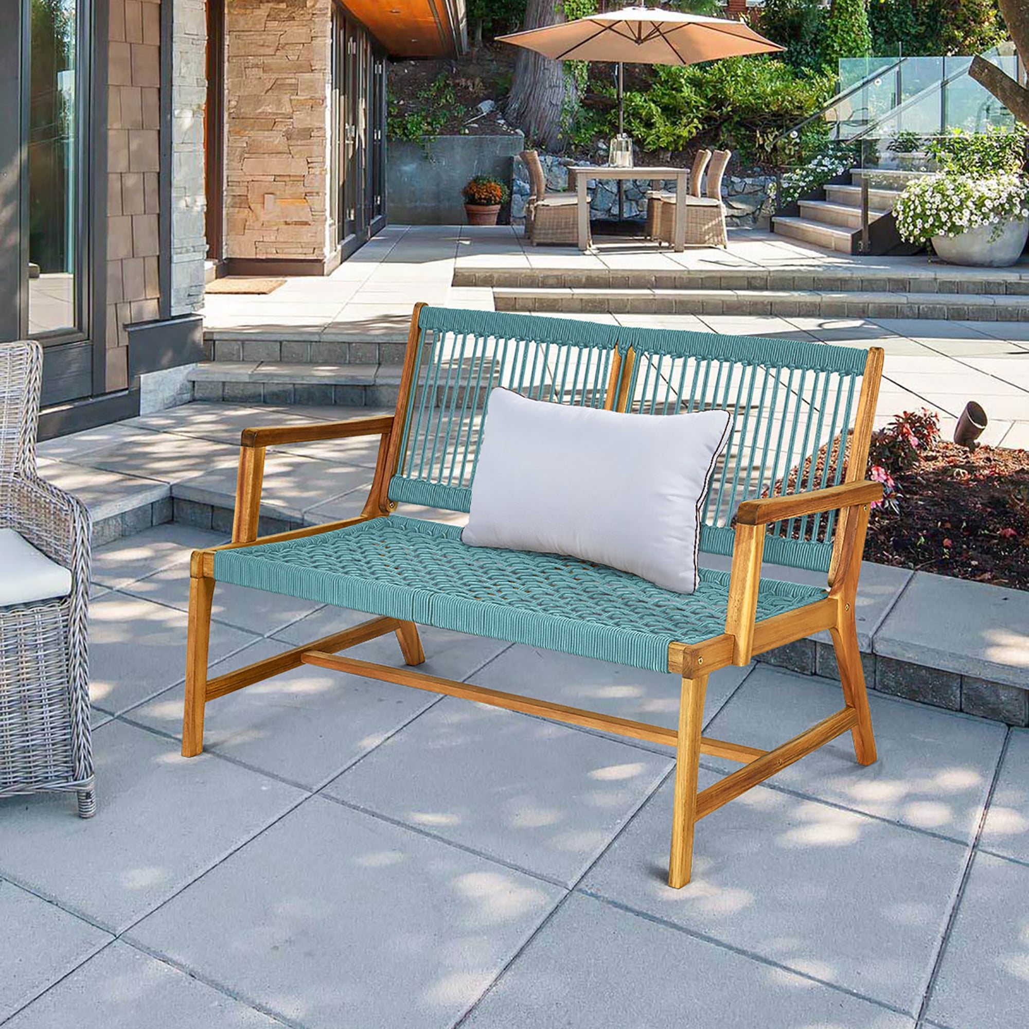 Costway 2 Person Patio Acacia Wood Bench Loveseat Chair Porch Garden Furniture Grey
