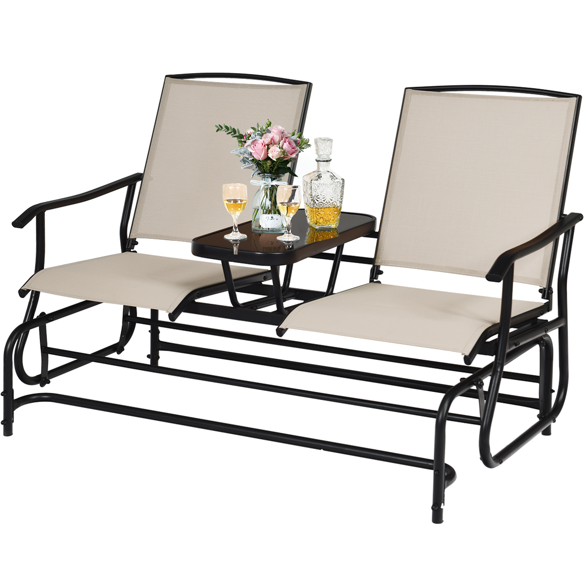 Costway 2 Person Patio Double Glider Steel Frame Loveseat Rocking with Center Table - image 1 of 9