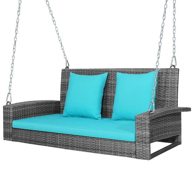 Costway 2-Person Patio PE Wicker Hanging Porch Swing Bench Chair Cushion 800lbs