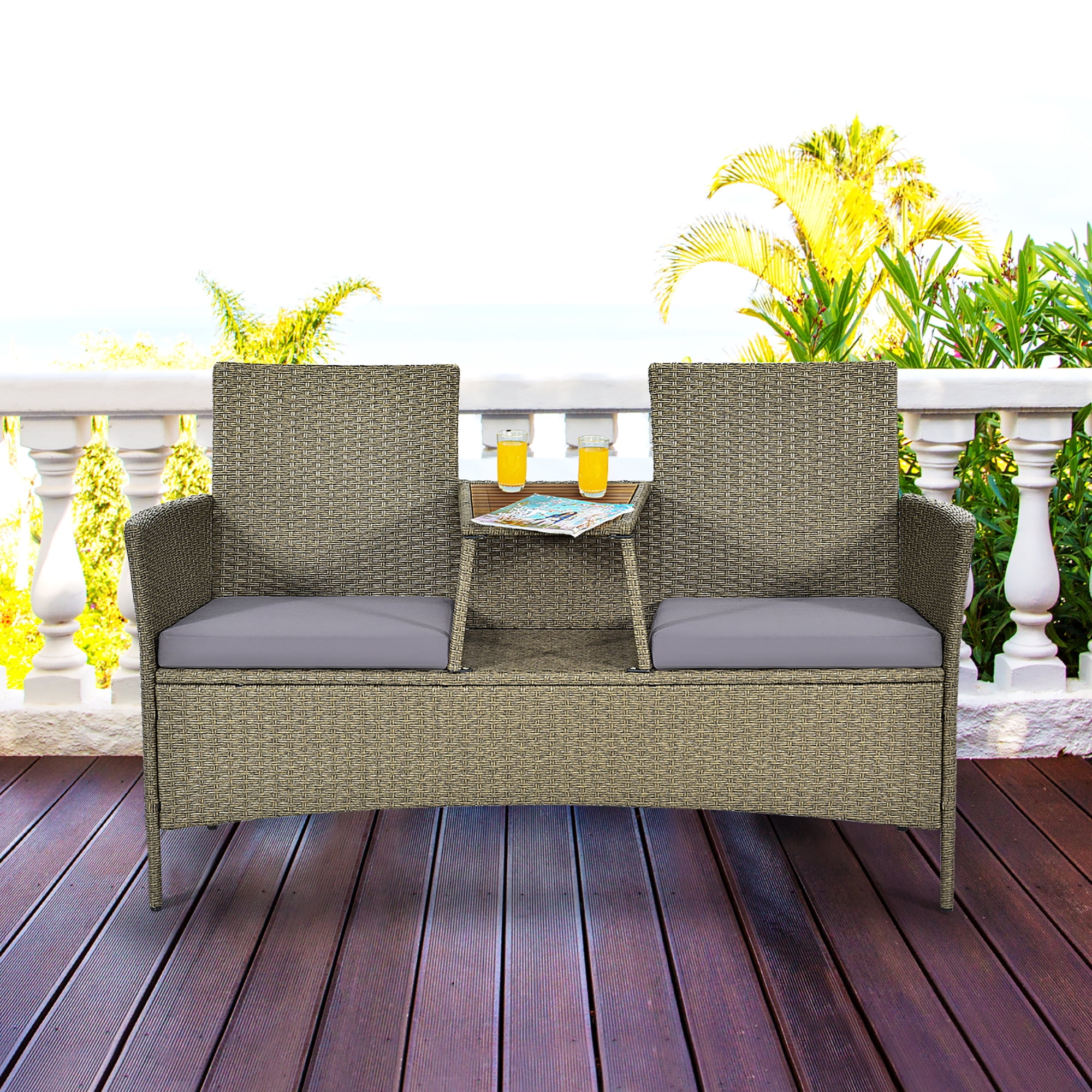 Walmart Saving of  Costway Outdoor Porch Couch with Storage, 2-Person Patio Rattan Conversation Furniture Set, Loveseat Coffee Table