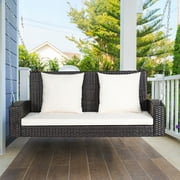 Costway 2-Person Patio Rattan Hanging Porch Swing Bench Chair Cushion Beige