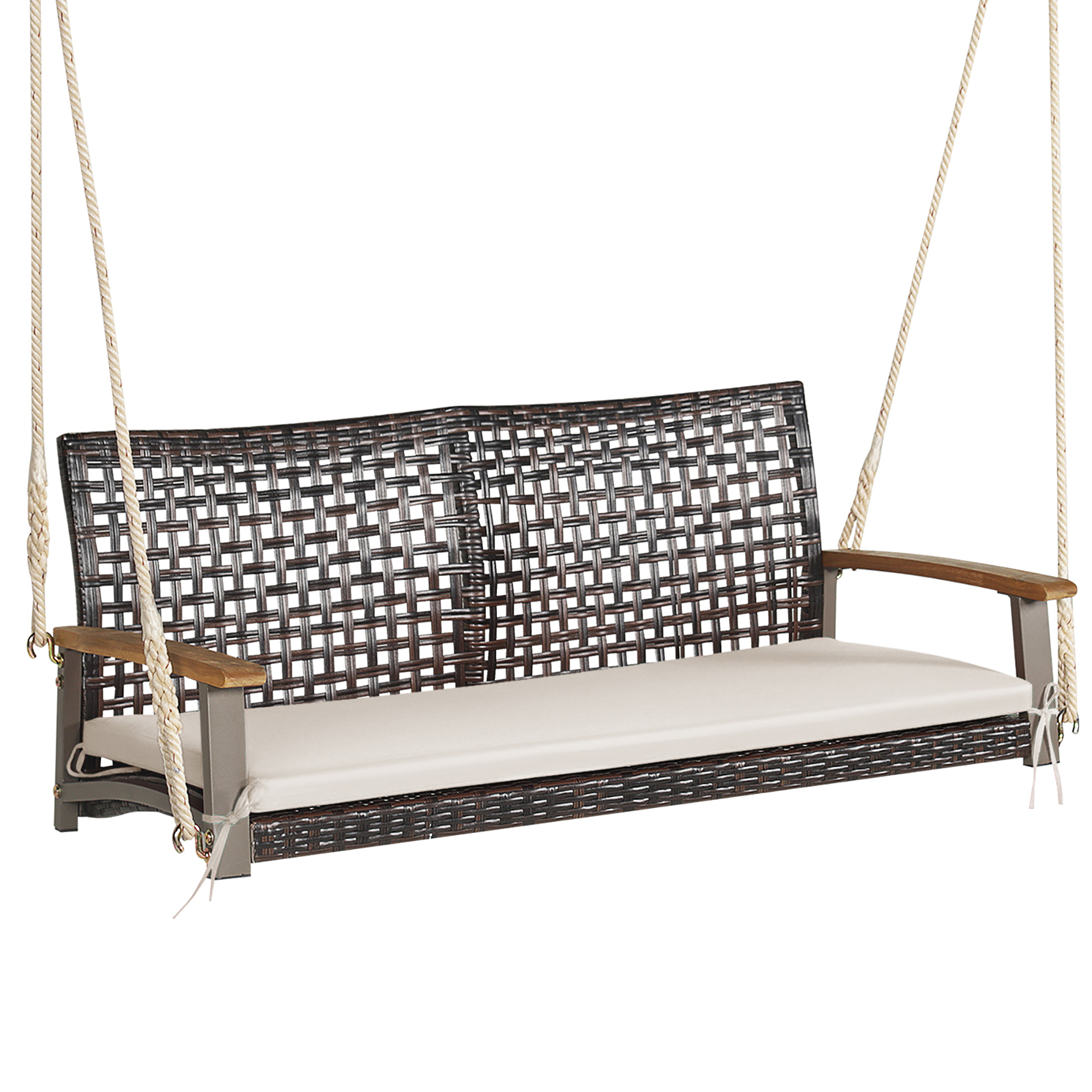 Costway 2-Person Patio Rattan Hanging Swing Chair Porch Loveseat Cushion Off White - image 1 of 10