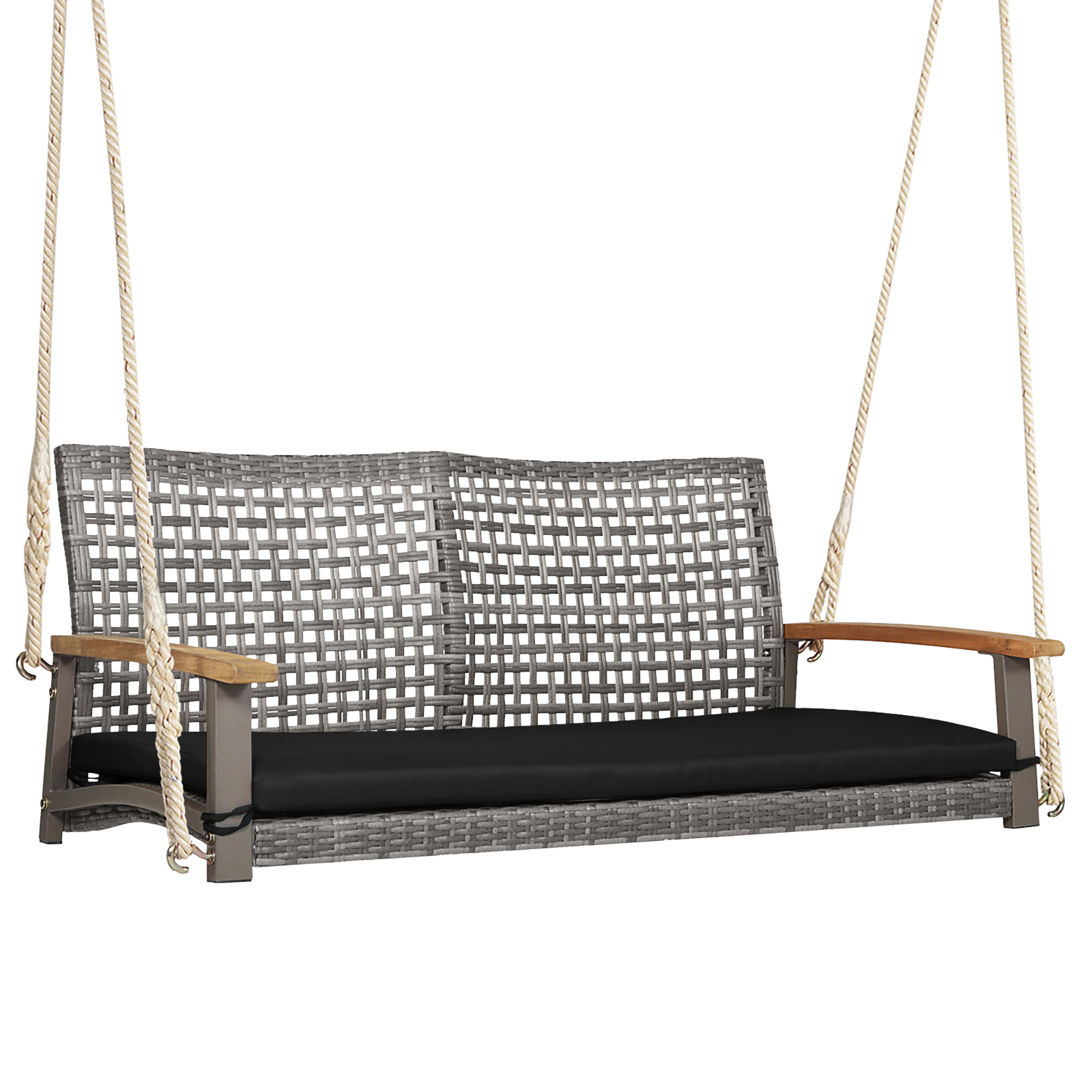 Costway 2-Person Patio Wicker Hanging Swing Chair Loveseat Cushion Porch Black - image 1 of 10